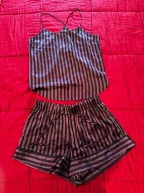 VICTORIA’S SECRET—Striped Satin Cami & Shorts Set in Black and Plum